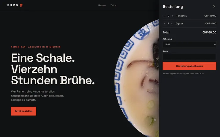 Kumo Ramen am Desktop: dunkle Seite mit Ramen-Schale, rechts geöffnete Bestellung in Franken