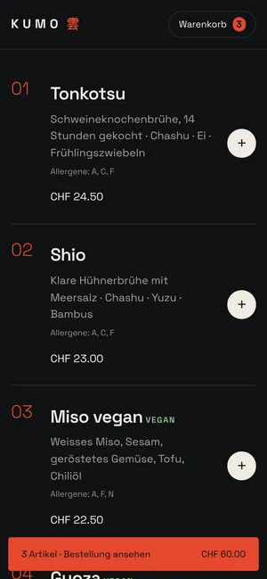 Kumo Ramen auf dem Handy: nummerierte Karte und rote Leiste mit Bestellsumme