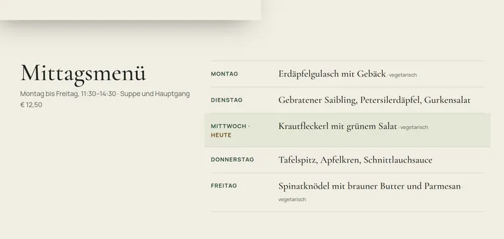 Ausschnitt: Mittagsmenü von Montag bis Freitag, Mittwoch als heute markiert