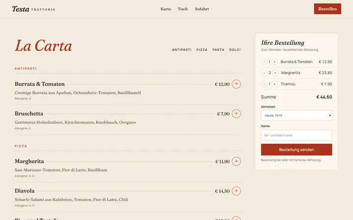 Speisekarte der Trattoria Testa mit Punktführung zu den Preisen und einem Bon-artigen Warenkorb rechts
