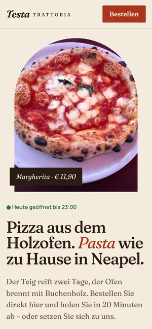 Trattoria Testa auf dem Handy: Pizza-Foto im Rundbogen, darunter die Überschrift