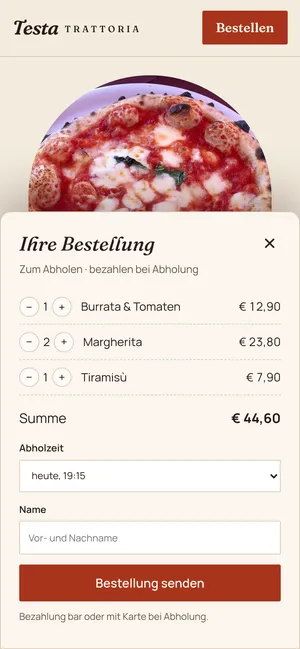 Warenkorb der Trattoria Testa auf dem Handy mit drei Gerichten und Abholzeit